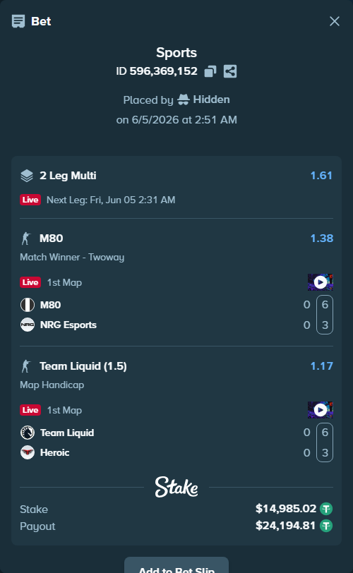 Bet slip: Team Liquid - Heroic, $15,000.00 stake at 1.17 odds, placed by Hidden