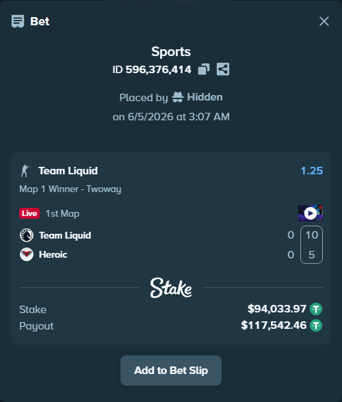 Bet slip: Team Liquid - Heroic, $94,128.00 stake at 1.25 odds, placed by Hidden