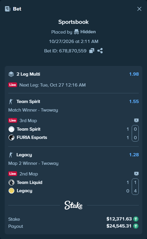 Bet slip: Team Liquid - Legacy, $12,384.00 stake at 1.28 odds, placed by roha1292