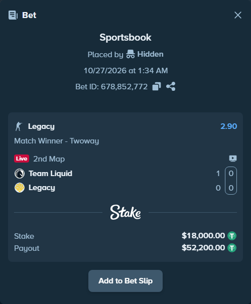Bet slip: Team Liquid - Legacy, $18,018.00 stake at 2.90 odds, placed by Håvardlied2004