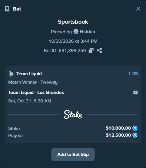 Bet slip: Team Liquid - Los Grandes, $10,000.00 stake at 1.25 odds, placed by Hidden