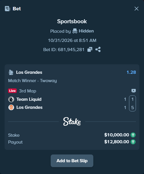 Bet slip: Team Liquid - Los Grandes, $10,010.00 stake at 1.28 odds, placed by Hidden