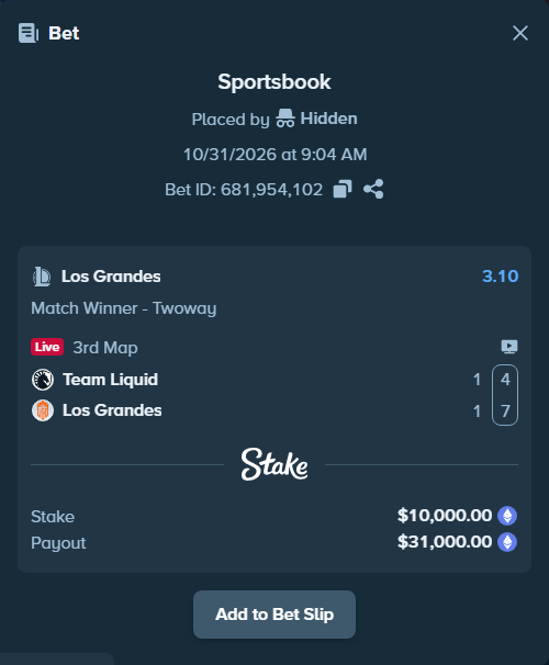 Bet slip: Team Liquid - Los Grandes, $10,023.64 stake at 3.10 odds, placed by lukehealy14