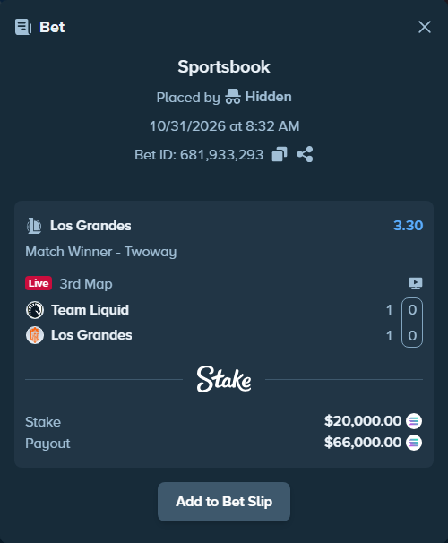 Bet slip: Team Liquid - Los Grandes, $20,113.52 stake at 3.30 odds, placed by Hidden