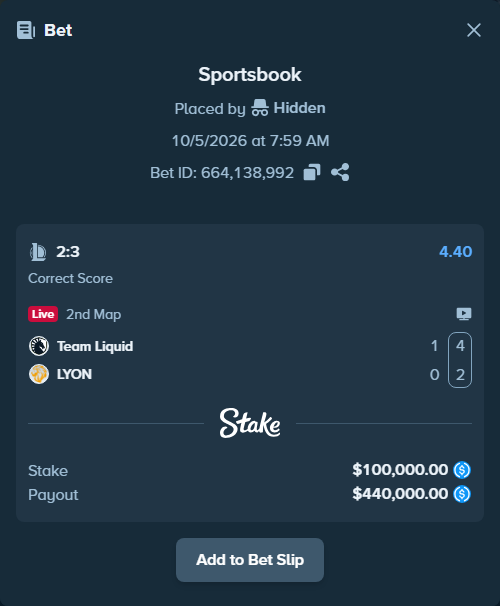 Bet slip: Team Liquid - LYON, $100,000.00 stake at 4.40 odds, placed by Hidden