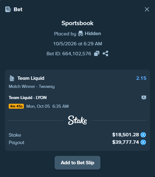 Bet slip: Team Liquid - LYON, $18,501.28 stake at 2.15 odds, placed by Hidden