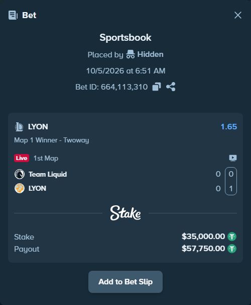 Bet slip: Team Liquid - LYON, $35,000.00 stake at 1.65 odds, placed by 도다리