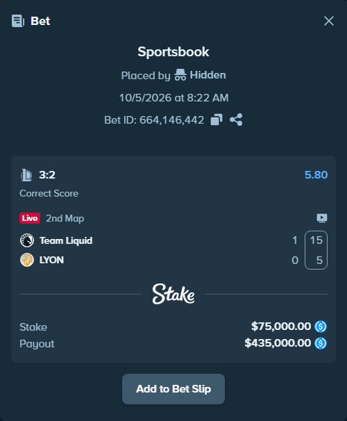 Bet slip: Team Liquid - LYON, $75,000.00 stake at 5.80 odds, placed by Hidden