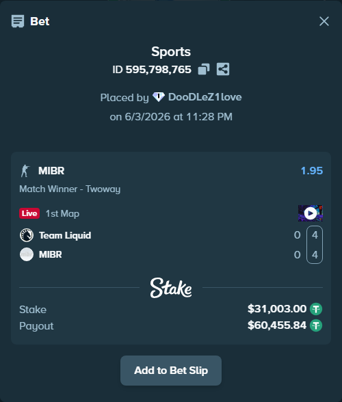 Bet slip: Team Liquid - MIBR, $31,034.00 stake at 1.95 odds, placed by DooDLeZ1love