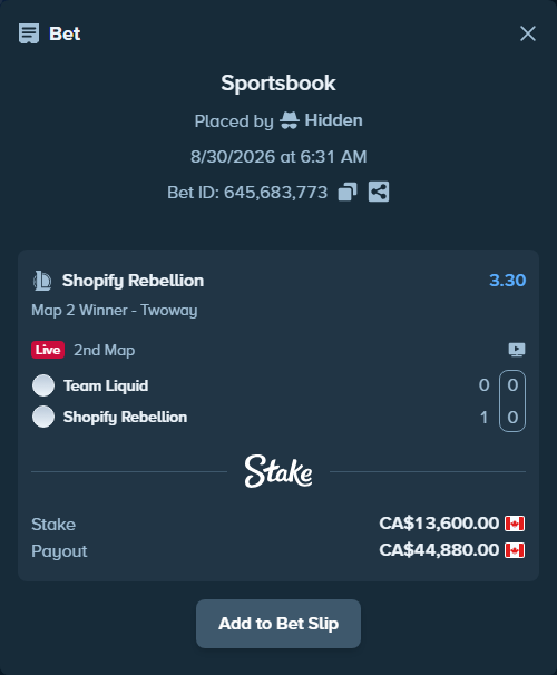 Bet slip: Team Liquid - Shopify Rebellion, $10,064.00 stake at 3.30 odds, placed by Hidden