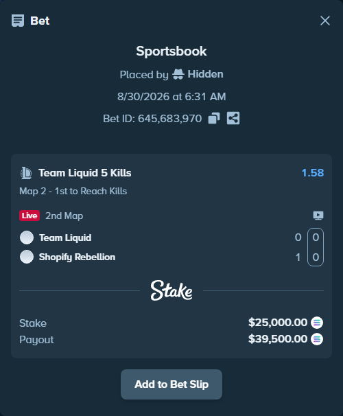 Bet slip: Team Liquid - Shopify Rebellion, $24,964.73 stake at 1.58 odds, placed by Hidden