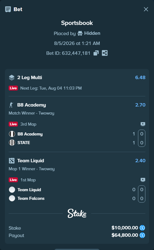 Bet slip: Team Liquid - Team Falcons, $10,000.00 stake at 2.40 odds, placed by Hidden
