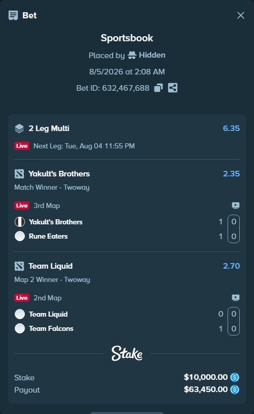 Bet slip: Team Liquid - Team Falcons, $10,000.00 stake at 2.70 odds, placed by Hidden