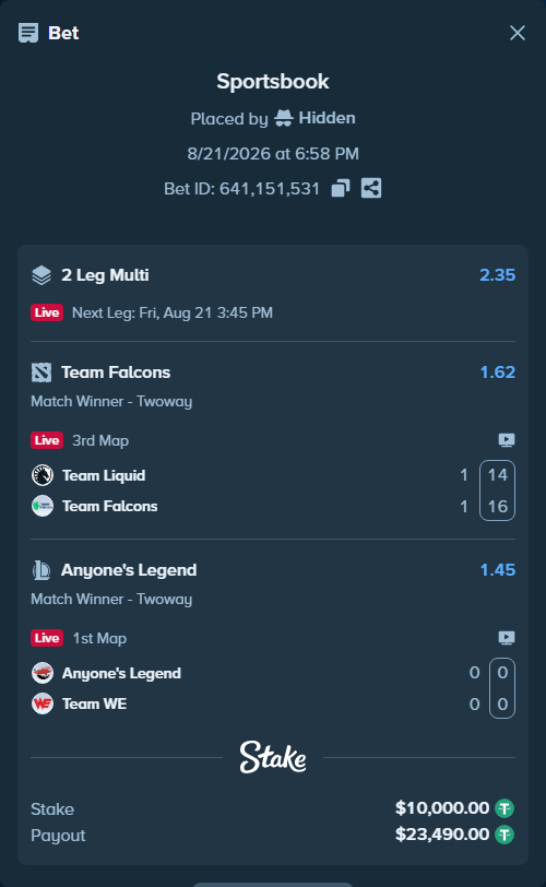 Bet slip: Team Liquid - Team Falcons, $10,000.00 stake at 1.62 odds, placed by Hidden