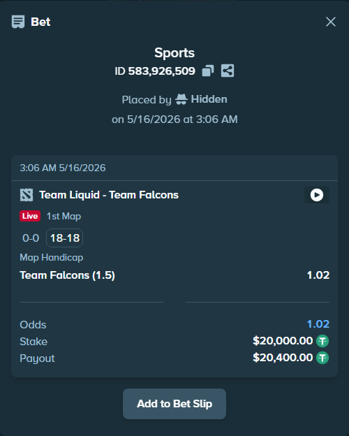 Bet slip: Team Liquid - Team Falcons, $20,000.00 stake at 1.02 odds, placed by PerryLBH