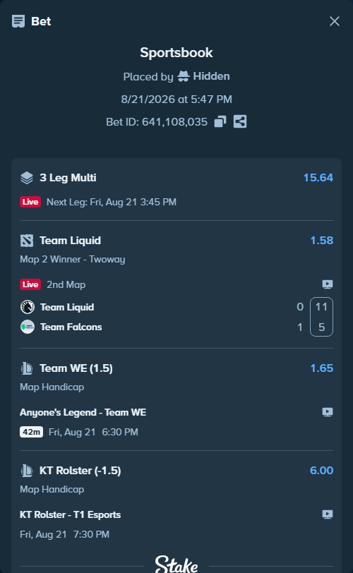 Bet slip: Team Liquid - Team Falcons, $40,900.14 stake at 1.58 odds, placed by Hidden