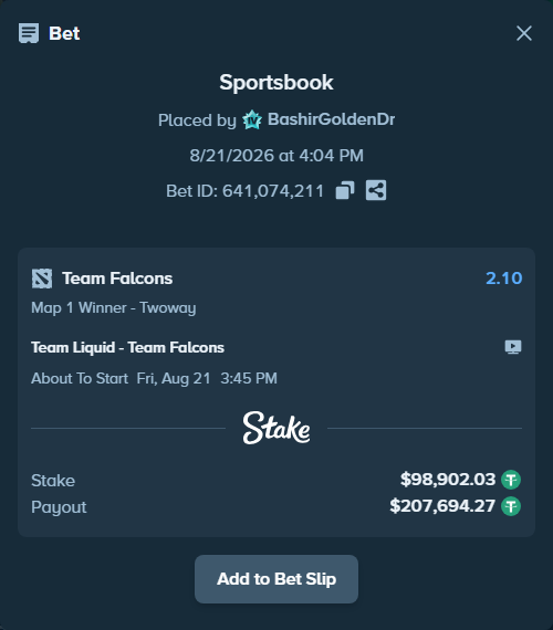 Bet slip: Team Liquid - Team Falcons, $99,000.93 stake at 2.10 odds, placed by BashirGoldenDr