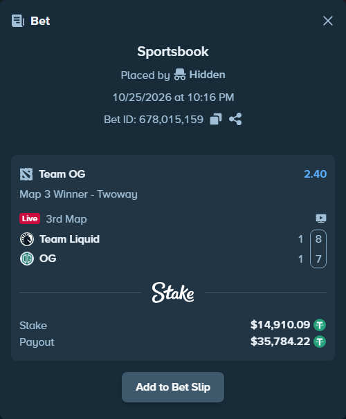 Bet slip: Team Liquid - Team OG, $14,925.00 stake at 2.40 odds, placed by Hanselwilliam1