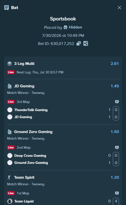 Bet slip: Team Liquid - Team Spirit, $11,564.55 stake at 1.20 odds, placed by Hidden