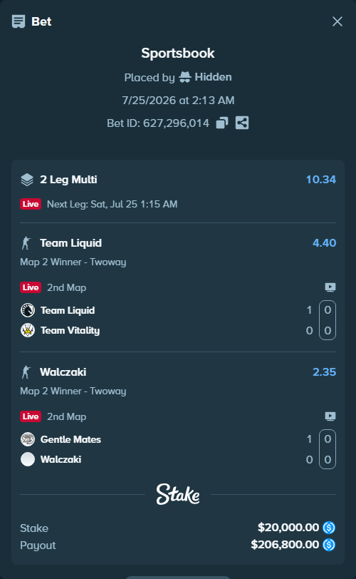 Bet slip: Team Liquid - Team Vitality, $20,000.00 stake at 4.40 odds, placed by Hidden