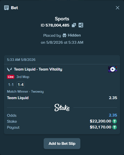 Bet slip: Team Liquid - Team Vitality, $22,200.00 stake at 2.35 odds, placed by Hidden
