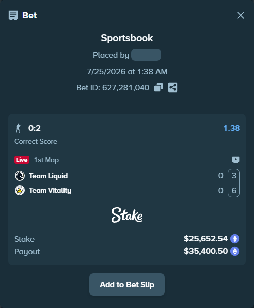 Bet slip: Team Liquid - Team Vitality, $26,246.63 stake at 1.38 odds, placed by Warcholizd