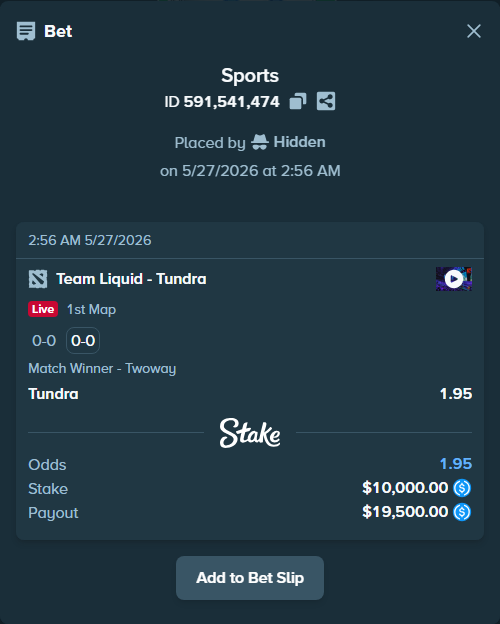 Bet slip: Team Liquid - Tundra, $10,000.00 stake at 1.95 odds, placed by Hidden