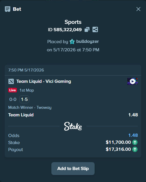 Bet slip: Team Liquid - Vici Gaming, $11,700.00 stake at 1.48 odds, placed by bulldoyzer
