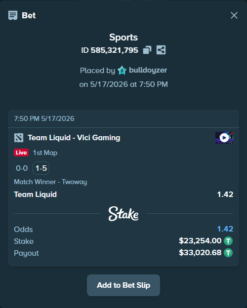 Bet slip: Team Liquid - Vici Gaming, $23,254.00 stake at 1.42 odds, placed by bulldoyzer