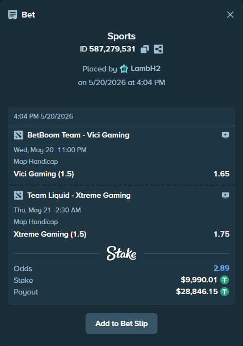 Bet slip: Team Liquid - Xtreme Gaming, $10,000.00 stake at 1.75 odds, placed by LambH2