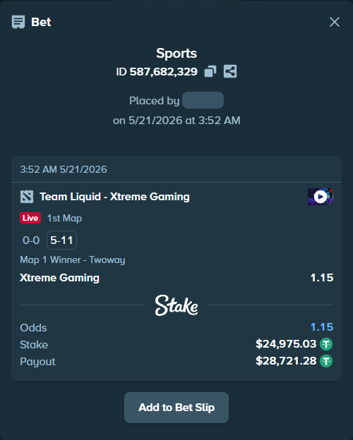 Bet slip: Team Liquid - Xtreme Gaming, $25,000.00 stake at 1.15 odds, placed by SlavikPR