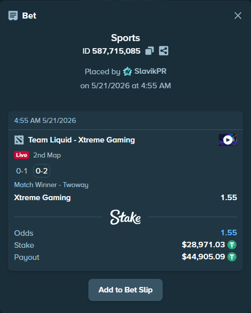 Bet slip: Team Liquid - Xtreme Gaming, $29,000.00 stake at 1.55 odds, placed by SlavikPR