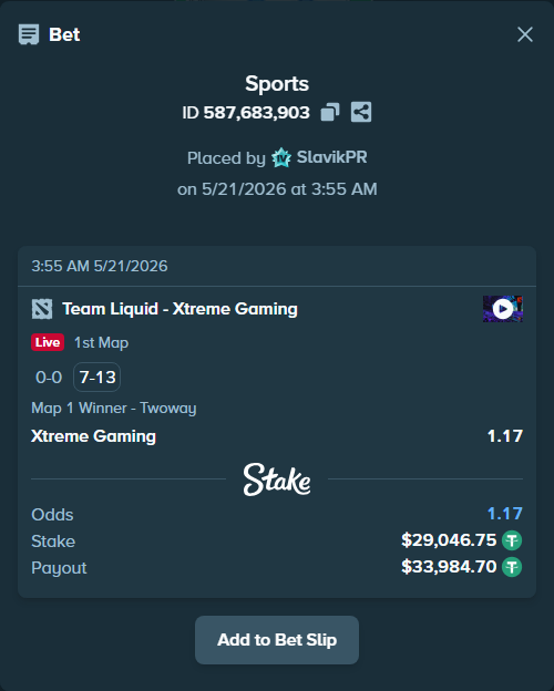 Bet slip: Team Liquid - Xtreme Gaming, $29,075.80 stake at 1.17 odds, placed by SlavikPR