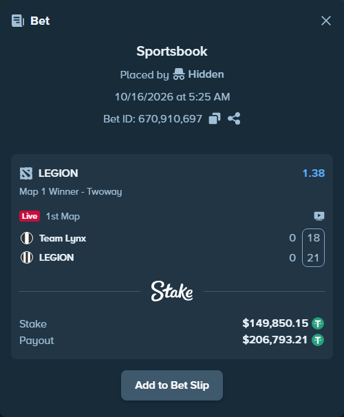 Bet slip: Team Lynx - LEGION, $150,000.00 stake at 1.38 odds, placed by Mnt41