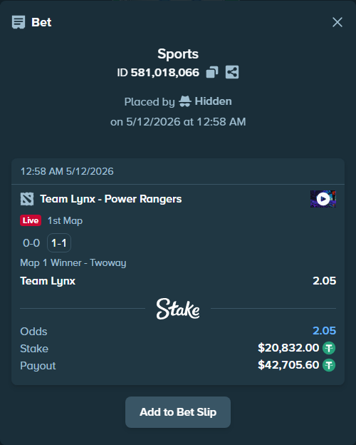 Bet slip: Team Lynx - Power Rangers, $20,832.00 stake at 2.05 odds, placed by Hidden