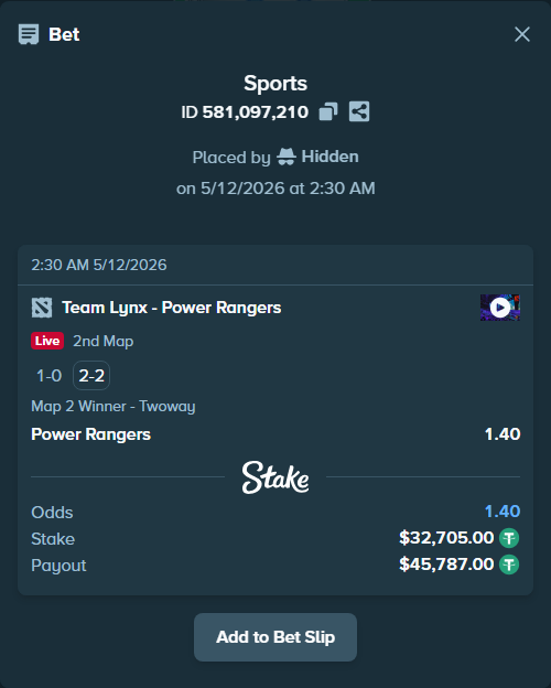 Bet slip: Team Lynx - Power Rangers, $32,705.00 stake at 1.40 odds, placed by Hidden