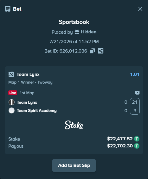 Bet slip: Team Lynx - Team Spirit Academy, $22,500.00 stake at 1.01 odds, placed by Hidden