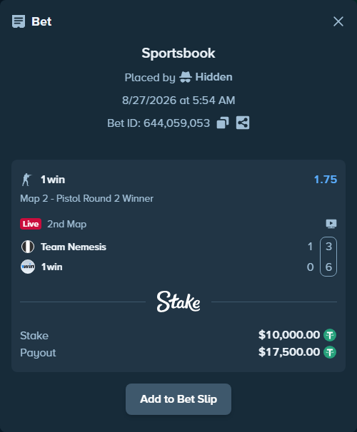 Bet slip: Team Nemesis - 1win, $10,000.00 stake at 1.75 odds, placed by Hidden