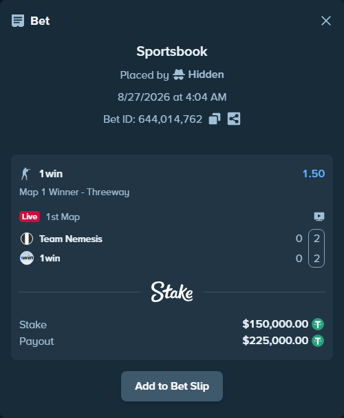 Bet slip: Team Nemesis - 1win, $150,000.00 stake at 1.50 odds, placed by Hidden