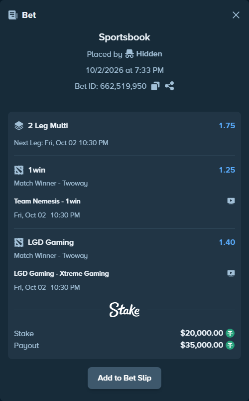 Bet slip: Team Nemesis - 1win, $20,000.00 stake at 1.25 odds, placed by Hidden