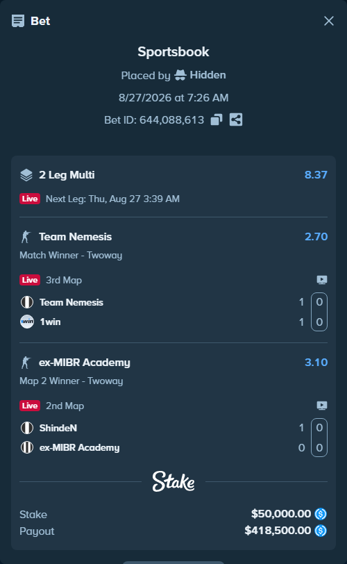 Bet slip: Team Nemesis - 1win, $50,000.00 stake at 2.70 odds, placed by Hidden