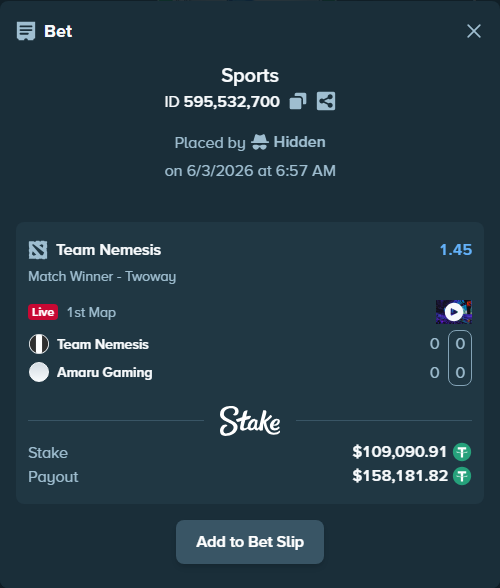 Bet slip: Team Nemesis - Amaru Gaming, $109,200.00 stake at 1.45 odds, placed by Hidden