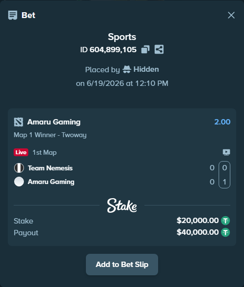 Bet slip: Team Nemesis - Amaru Gaming, $20,020.00 stake at 2.00 odds, placed by Hidden