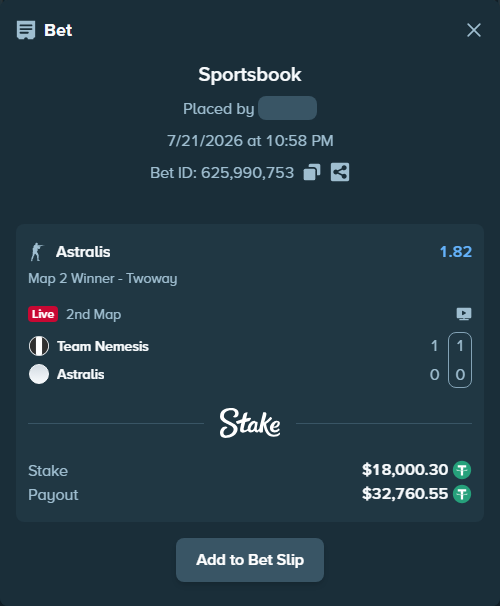 Bet slip: Team Nemesis - Astralis, $18,018.30 stake at 1.82 odds, placed by oxorona