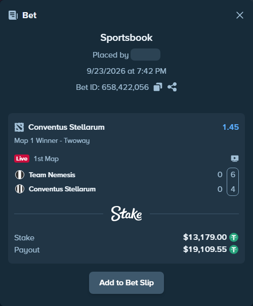Bet slip: Team Nemesis - Conventus Stellarum, $13,179.00 stake at 1.45 odds, placed by Hanselwilliam1