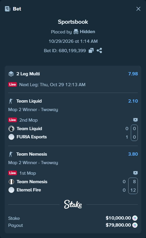 Bet slip: Team Nemesis - Eternal Fire, $10,039.49 stake at 3.80 odds, placed by Hidden
