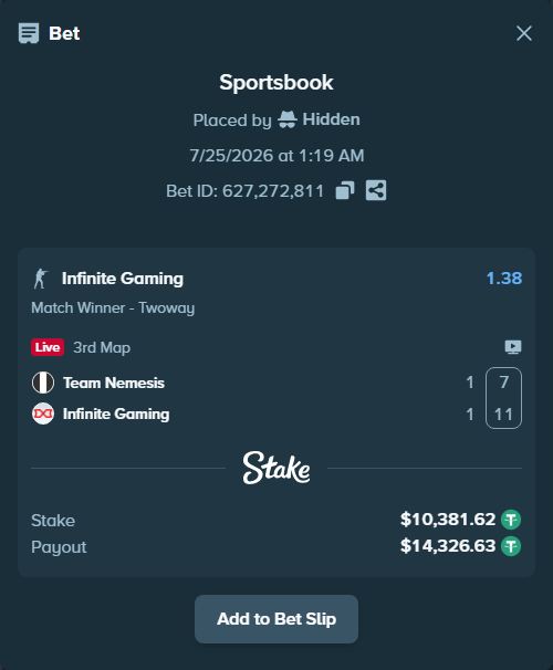 Bet slip: Team Nemesis - Infinite Gaming, $10,392.00 stake at 1.38 odds, placed by Hidden