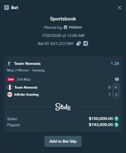 Bet slip: Team Nemesis - Infinite Gaming, $150,150.00 stake at 1.28 odds, placed by Hidden