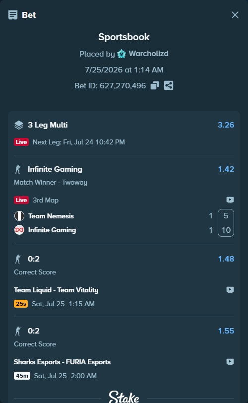Bet slip: Team Nemesis - Infinite Gaming, $19,024.90 stake at 1.42 odds, placed by Warcholizd