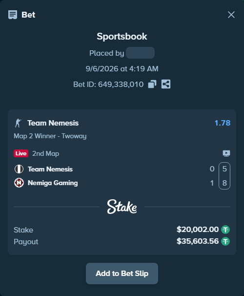 Bet slip: Team Nemesis - Nemiga Gaming, $20,000.00 stake at 1.78 odds, placed by saszakoncza